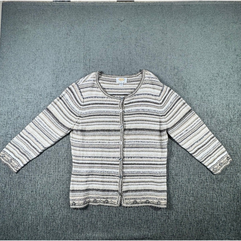 Talbots Petites Striped‎ Beaded Cardigan Sweater Neutral Tan Grey Large P L